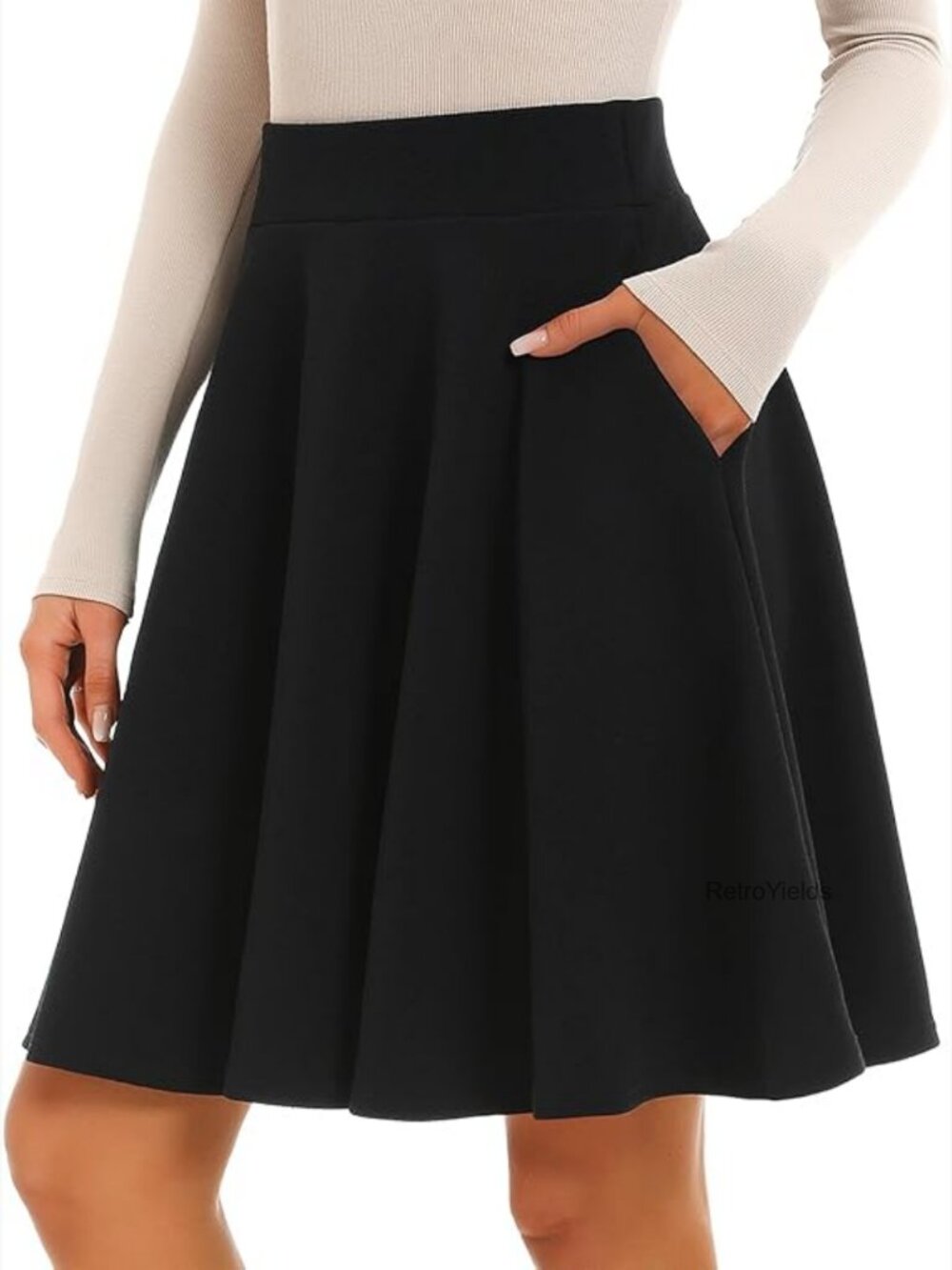 Women's Knee Length Skater Skirt with Pockets High Waisted Midi Flared Pleated